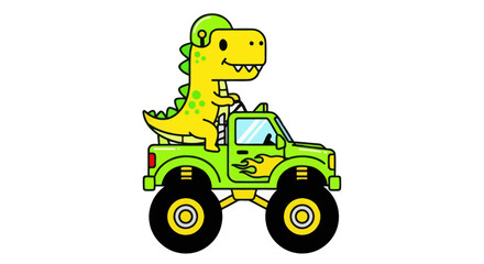 Cute cartoon dinosaur driving a monster truck, funny illustration for kids © gan
