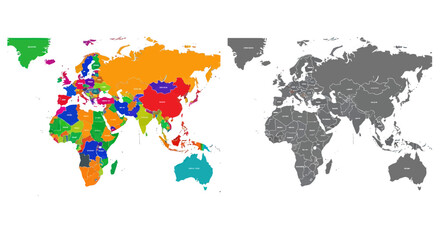 Fototapeta premium Colorful World Map with Countries Highlighted, Compared to Gray Outline Map