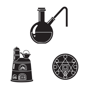 Ancient Alchemy Icons Retort Flask Athanor Furnace Philosopher Stone Silhouette Vector