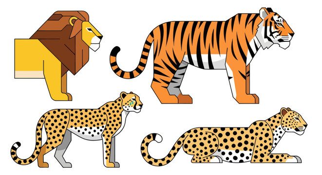 Big Cats Collection: Lion, Tiger, Cheetah, Leopard - Stylized Vector Art