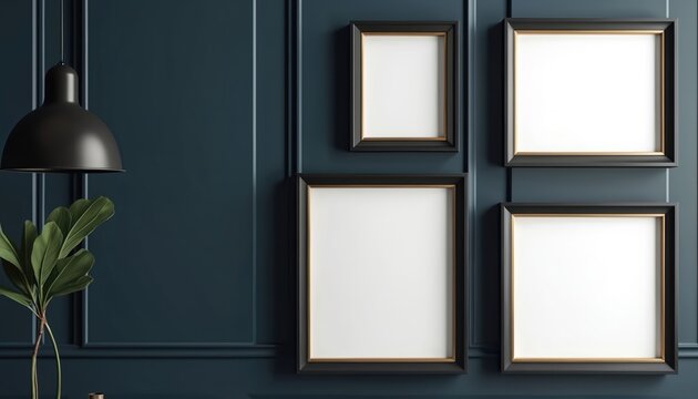 Four empty black picture frames hang on a dark blue wall with a modern pendant lamp and green plant nearby. Assorted sizes create a gallery wall display.