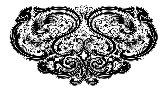 Ornate symmetrical black and white vector illustration with floral elements, stylized dragon heads, and intricate baroque scrolls
