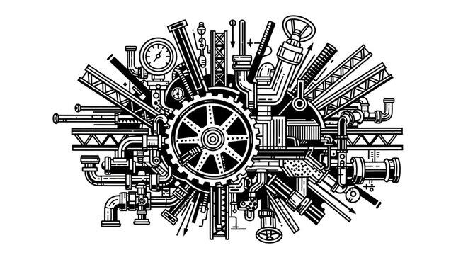 Intricate mechanical parts illustration. Detailed industrial engineering design with gears, pipes, valves, and tools in a monochrome steampunk style.