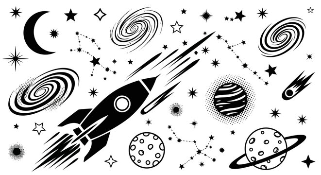 Black and white space elements vector set featuring rocket, planets, stars, galaxies, moon, constellations, and comets. Cosmic graphic collection.