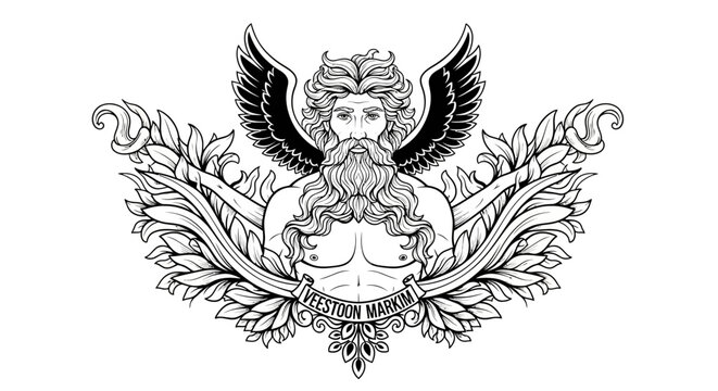 Classical winged bearded male figure surrounded by ornate laurel leaves, monochrome vintage heraldic illustration