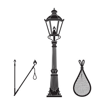 Lamplighter Profession Icons Street Lamp Pole Mantle Silhouette Vector Set