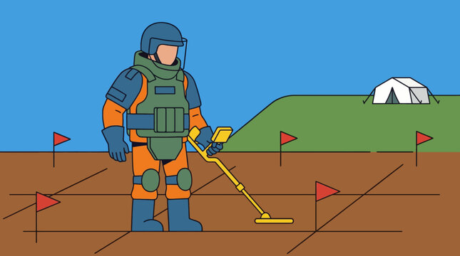 Flat vector illustration of a humanitarian worker in protective gear using a metal detector in a marked field