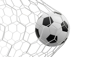 Fototapeta premium A perfectly struck classic soccer ball triumphantly finds the back of a pristine white net, symbolizing a successful goal, victory, and the thrilling culmination of a dynamic sports moment