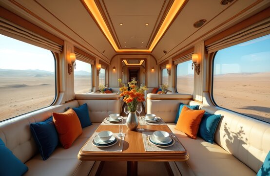 Luxurious train compartment offers comfortable seating and dining. Large windows provide views of desert landscape. Elegant decor enhances journey. Travel in style.
