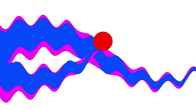 Abstract motion graphic of blue and purple wavy lines with red bouncing ball on white background.