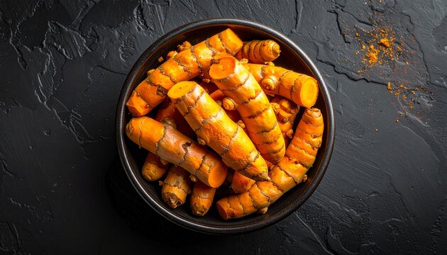 Fresh turmeric roots and powder in a dark bowl on a textured black background, viewed from above.