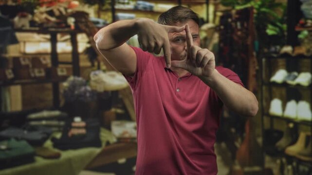 Man framing a rectangle with hands and fingers in a shoe store filled with shelves and boots; concentration creativity.