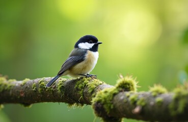 Obraz premium Small black and white bird Coal Tit sits on mossy branch in forest. Cute wild animal with yellow chest looks to right. Green natural background.