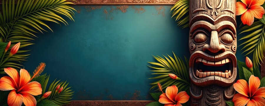 Tiki mask borders tropical paradise scene with hibiscus flowers and palm leaves. Empty space for text invitation or announcement. Aloha spirit.