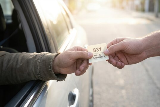 Driver handing a yellow numbered valet parking ticket to an attendant through the car window