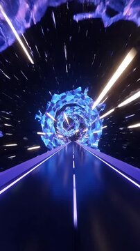 Abstract Blue Portal Tunnel Drive Through Neon Light Streaks