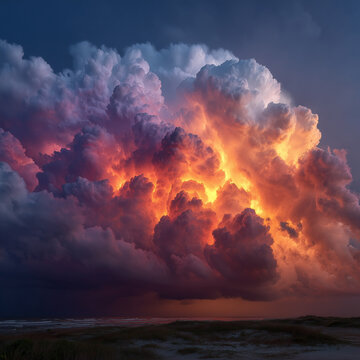 Fiery Illuminated Thunderstorm Cumulonimbus Cloud Over Coastal Dunes with Orange Glow