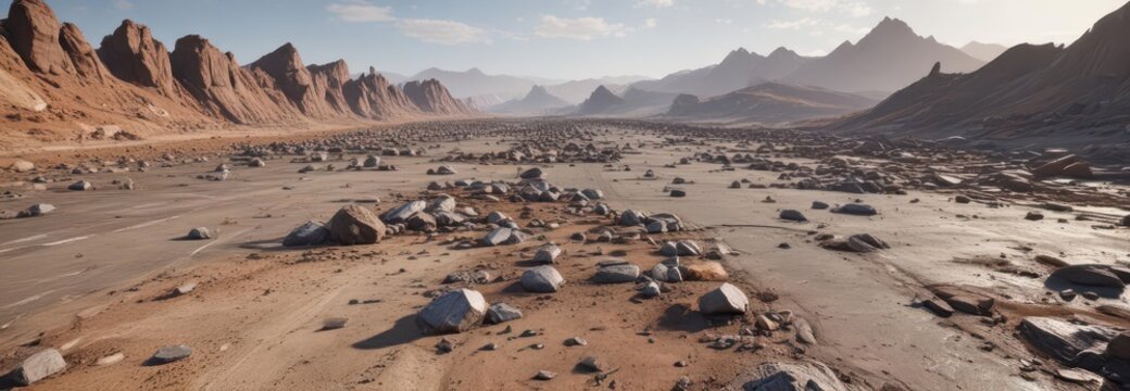 A desolate wasteland with twisted metal and shattered concrete stretching as far as the eye can see,  ruins,  desolation