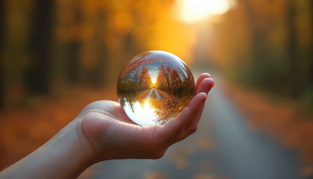 Hand holds crystal ball reflecting autumn path. Sun shines through colorful trees creating warm glow. Future vision, new perspective, changing outlook.