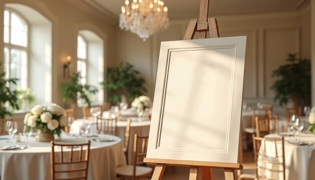 Easel displays blank poster in elegant reception hall setup for wedding event. Tables set for guests, chandelier hangs above. Venue prepared for ceremony.