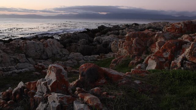 Rocky coastline of DeKelders overlooking the Atlantic Ocean, South Africa