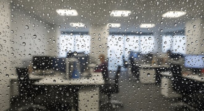 Office interior seen through glass window covered with rain drops during rainy day.
