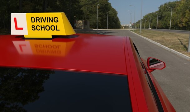 Driving school car with yellow rooftop sign and beginner driver sticker on rear window, learner driver concept - 3D rendering