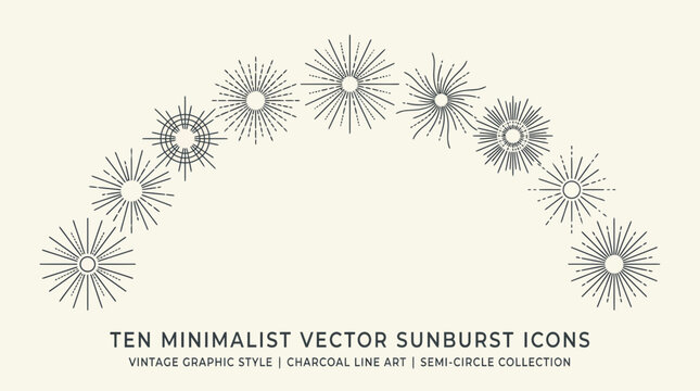 Ten minimalist vintage charcoal sunburst line icons collection arranged in a semi-circle arch on cream background, concept for graphic branding, minimalist logo design and retro product packaging