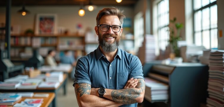 Bearded man wearing glasses smiles in a busy print shop. Crossed arms show confidence. He is a business owner. Casual blue shirt. Tattoos visible.