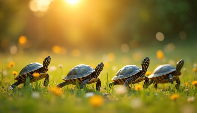 Four turtles walk across a sunny green meadow with small yellow flowers. The animals move in a line, their shells showing detail. Warm light shines from the side. Nature scene.
