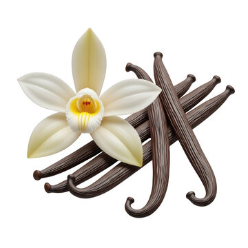 A close-up view of a vanilla flower and vanilla beans on a white background
