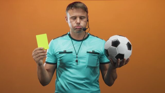 Man referee holds yellow card and soccer ball, hand raised with whistle visible in studio; authority decision.