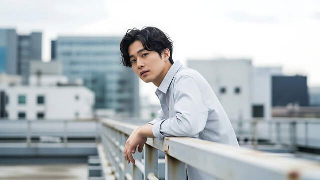 A confident young man leans against a railing on a rooftop with a cityscape in the background, looking directly at the camera