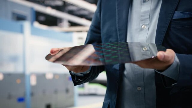 Carrying semiconductor substrates, hardware close up and careful designer walking in cleanroom. Transporting silicon wafers, optical photolithography patterns and expert in factory, camera B