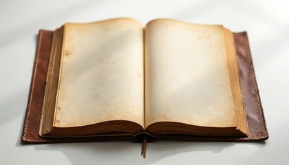 Fototapeta premium Open ancient book with blank aged pages and leather cover rests on white surface. Object is empty, ready for text or drawing. Represents history knowledge or story.