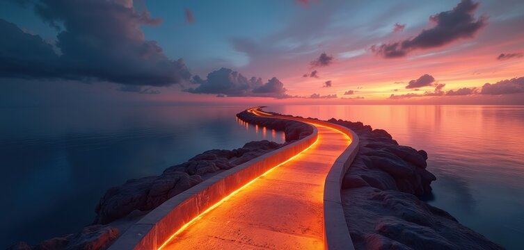 A winding path with orange lights curves over calm water at sunset. Rocky shores frame the tranquil seascape under a dramatic sky. Serene tropical paradise view.