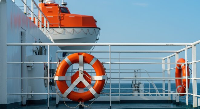 Life buoy hanging on white ship railing by sea during clear sunny day travel