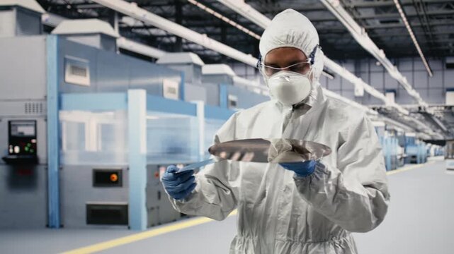 Carrying silicon wafer, advanced materials trial and careful researcher in microchip manufacturing facility. Inspecting delicate semiconductor substrates, bunny suit and expert, camera B