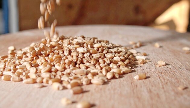 Falling Wheat Grains on Wooden Surface Close-Up