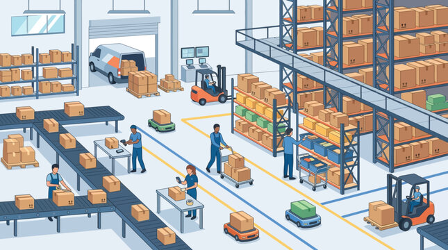 Flat Design Illustration of an Automated Logistics Center and Warehouse Distribution Hub with Workers, Forklifts, Conveyors, and Delivery Van