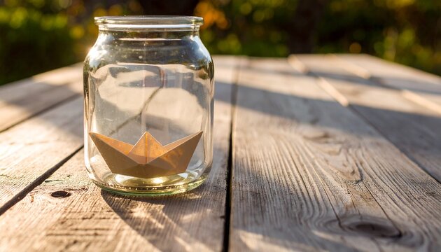 Paper Boat in Glass Jar on Rustic Wooden Table