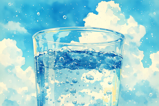Watercolor Illustration Glass of Water with Sky and Clouds