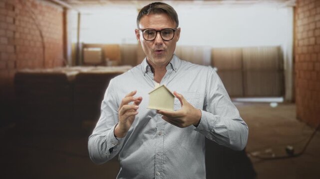 Man holding a miniature wooden house and inspecting it with glasses, standing inside a building with stacked boxes and brick walls; thoughtful planning.