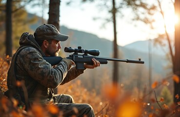 Naklejka premium Man in camouflage aims rifle with scope in autumn forest. Hunter waits for prey, focused on target. Outdoor activity during hunting season. Wilderness pursuit.