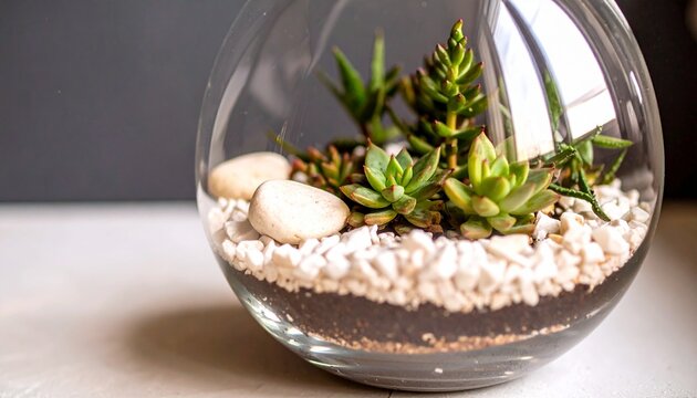 Miniature succulent garden inside a beautiful glass bowl terrarium on a white table.