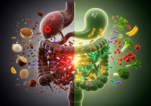 Gut microbiome health comparison: unhealthy vs healthy digestive system with probiotics and food
