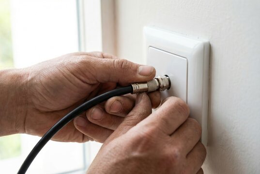 Hands connecting a black coaxial antenna cable to a white wall outlet socket