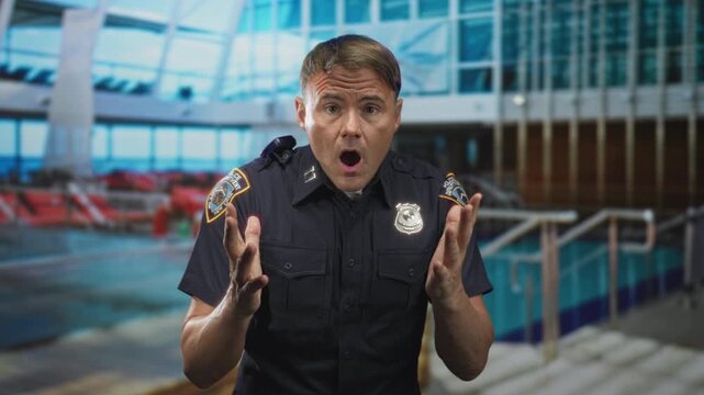 Man police officer with hands raised and palms out near glass skylight and rows of seats in an airport terminal; surprise.
