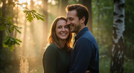 Fototapeta premium Happy Couple Embracing in Golden Hour Forest Sunlight