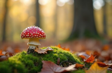 Obraz premium Red mushroom with white spots grows on green moss. Fallen autumn leaves surround forest floor. Sunlight filters through trees. Nature scene.